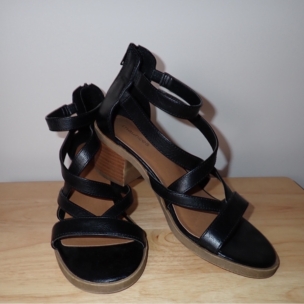 Maurices Womens Zipper Block Heel Ankle Strap Open Toe Sandals Black